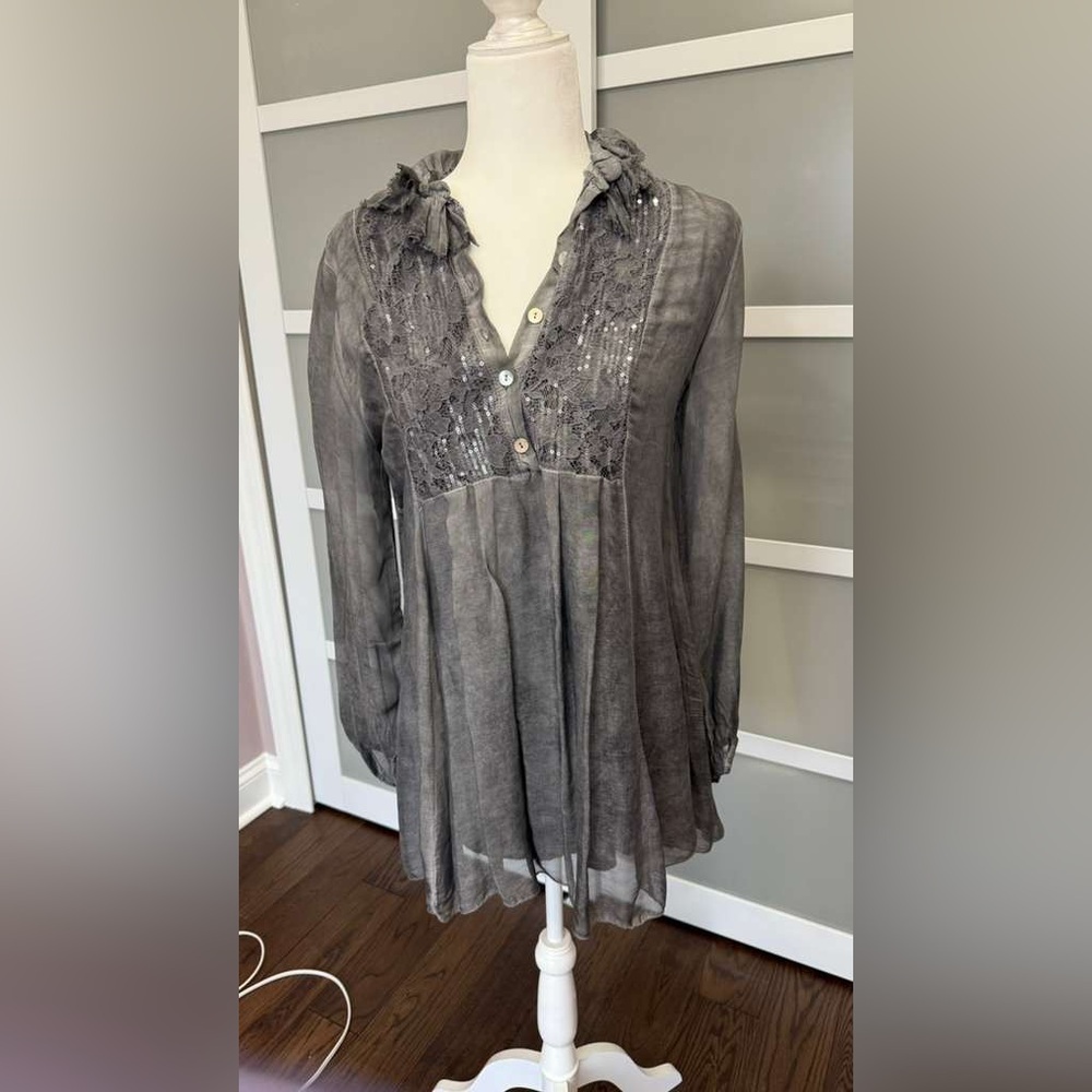 100% silk Tempo Paris Charcoal Lace Blouse